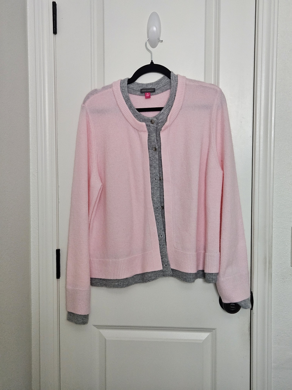 Vince Camuto Classic Pink Crewneck Cardigan with Gray Trim NWOT XL